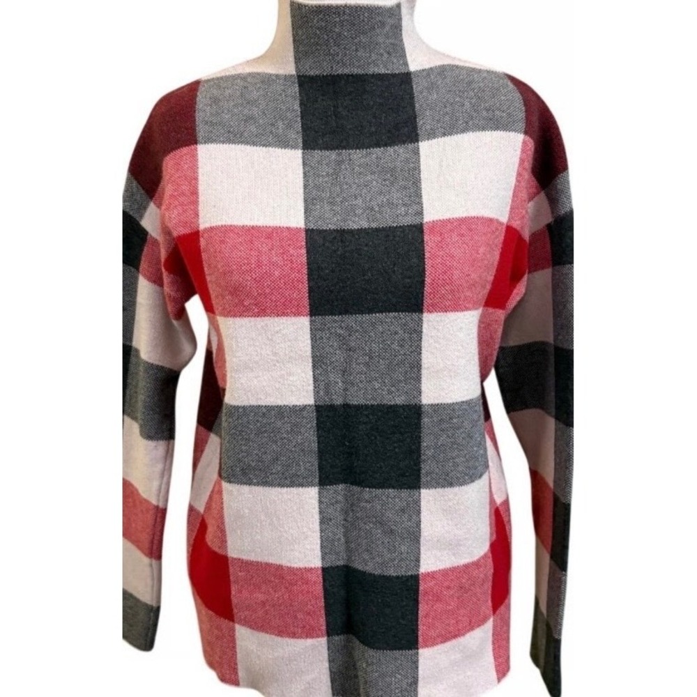 Tahari Womens Red Black White Buffalo Plaid Mock Neck Sweater XS